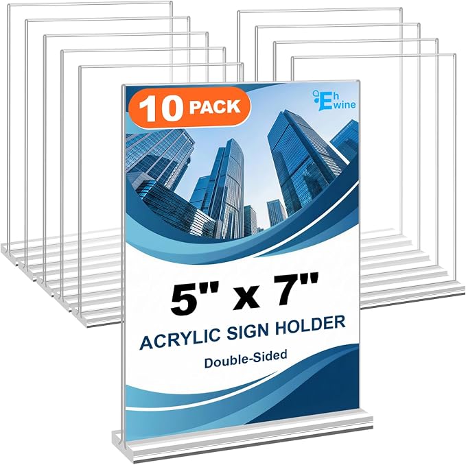 EHWINE 10 Pack Acrylic Sign Holders 5x7 Double-Sided Tabletop Display Stands by EHWINE