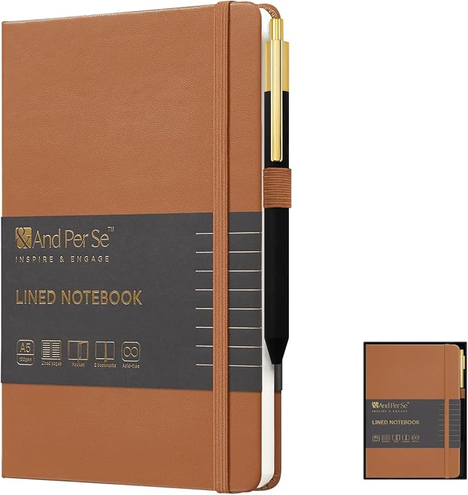 A5 Lined Leather Journal and Pen Set for Women&Men, Gift Box Included, Hardcover Notebook with 160 Pages 100GSM Thick Paper, for Work, Business, School or Home Writing(Light Brown)-DeskLoop Office