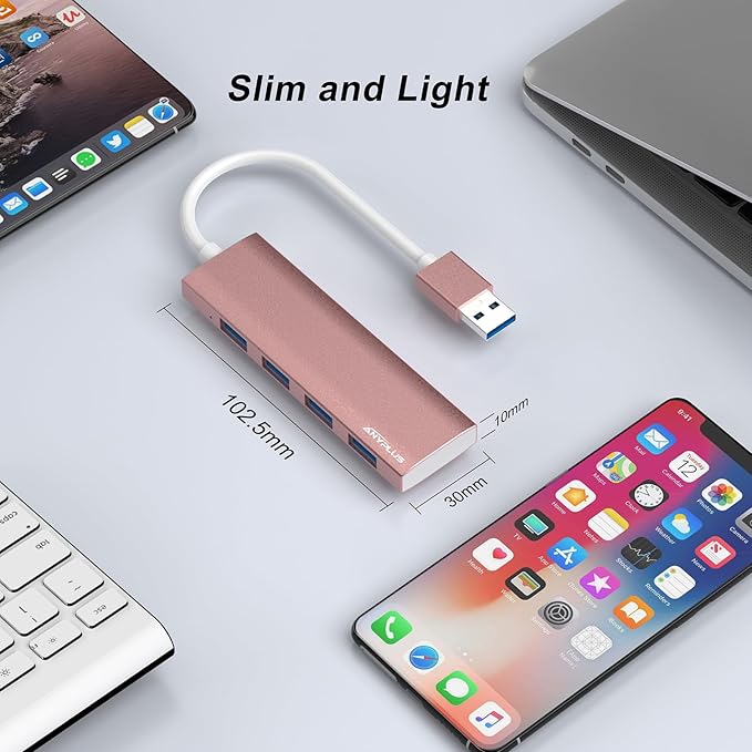 USB Hub, USB 3.0 Hub Aluminum Alloy Ultra Slim USB Splitter, Portable 4 Port USB Extender, USB Hub for Laptop, PC, MacBook, iMac, Surface Pro, Mac Pro, Flash Drive, XPS 【Pink】-DeskLoop Office