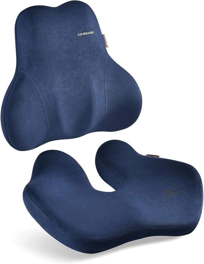 Coverado Memory Foam Car Seat Cushion and Lumbar Support Pillow for Car, Ergonomic Office Chair Cushion for Lower Back Pain Relief, Breathable & Non-Slip for Car, Home, and Office Use, Blue-DeskLoop Office