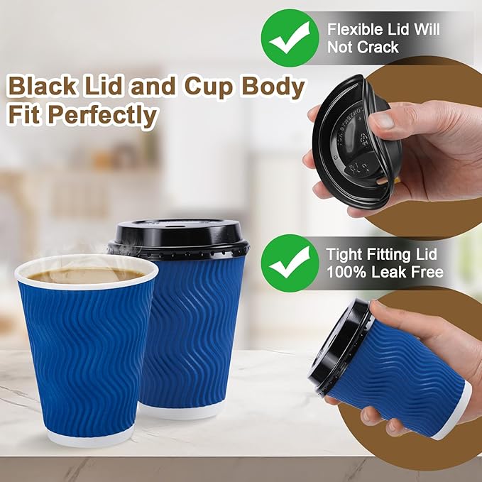 100 Pack Coffee Cups with Lids 12oz, Disposable Insulated Ripple Wall To Go Paper Coffee Cups for Hot/Cold Drinks Office Home Shop Event (Navy)