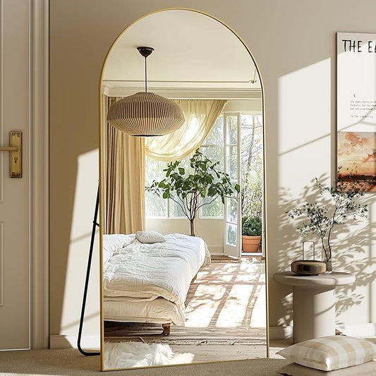 GLSLAND-30x71 inch Wall Mount Arched Full Length Mirror-Aluminum Alloy Frame High Definition-Full Body Mirror for Bedroom or Living Room,Gold-DeskLoop Office