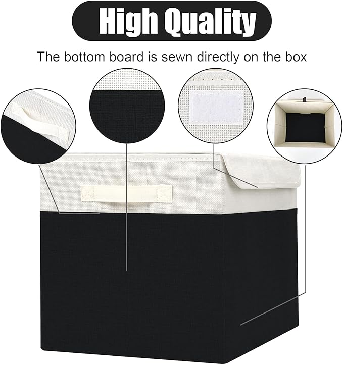 Large 17" 42 Quarts Collapsible Stackable Storage Bins with Lids [3-Pack] Foldable Fabric Linen Storage Boxes Cube, Closet Organizer Baskets with Label for Home (16.7 x 12 x 12", Black & White)-DeskLoop Office