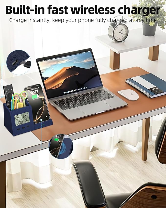 3-in-1 Wireless Charger with Pen Holder, Desk Clocks with Temperature and Humidity, Compatible with iPhone 16/15/14/13/12/11/8Series, Pencil Holder for Desk Home Office, Men Gift Idea Gadget, Blue-DeskLoop Office