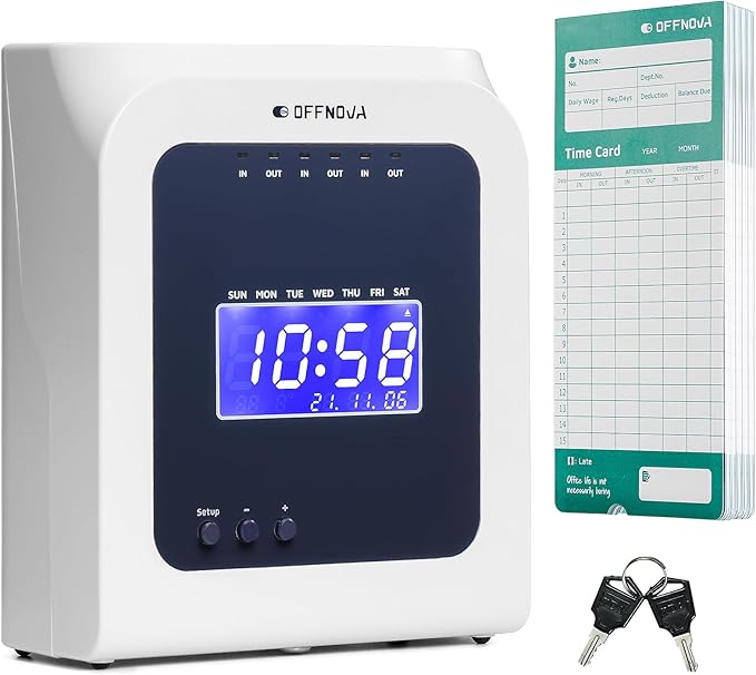 OFFNOVA Thermal Time Clock for Employees Small Business, No Ink Ribbons or Network Needed, in/Out Time Attendance Machine with 50 Time Cards-DeskLoop Office