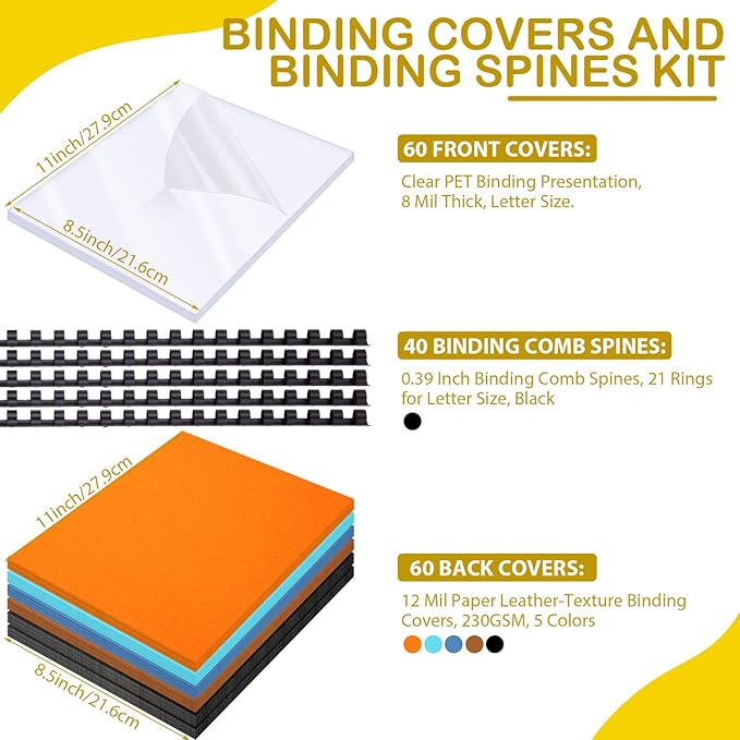 160 Pack Binding Covers and Combs kit 8.5x11 Inches Include 60 Pcs 12 mil Leather Texture Binding Cover 60 Pcs 8 mil Clear PET Presentation Covers 40 Pcs Binding Combs Letter Size(Elegant Color)-DeskLoop Office