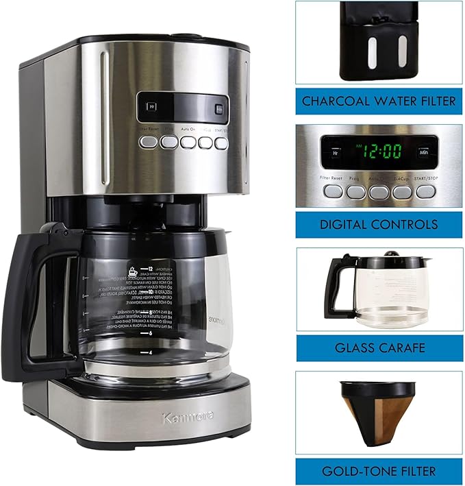Kenmore Drip Coffee Maker - 12 Cup Programmable Cafe Machine With Glass Pot, Regular & Bold Brew, Auto Shut Off Large Water Reservoir, Reusable Filter, Kitchen Appliances For Cafeteria Barista, Black-DeskLoop Office