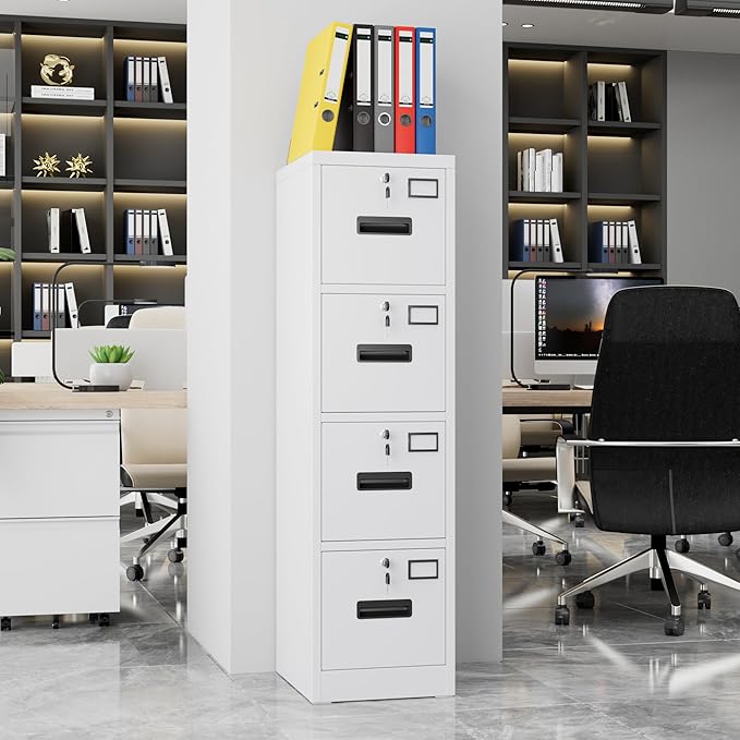 4 Drawer File Cabinet with 4 Independent Locks, Metal Vertical Filing Storage Cabinet for Home Office with Card Holder for Letter/Legal/A4 Folders, Assembly Required, 4 Drawers, White