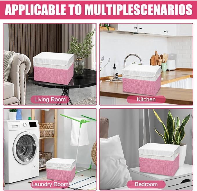 Large 22 Quart Linen Fabric Foldable Storage Bin Cube Organizer Basket with Flip-Top Lid & Handles, Clothes Blanket Box for Home, Office, Closet, Pink & White, 4 Pack 14.6 x 9.5 x 9.5-DeskLoop Office