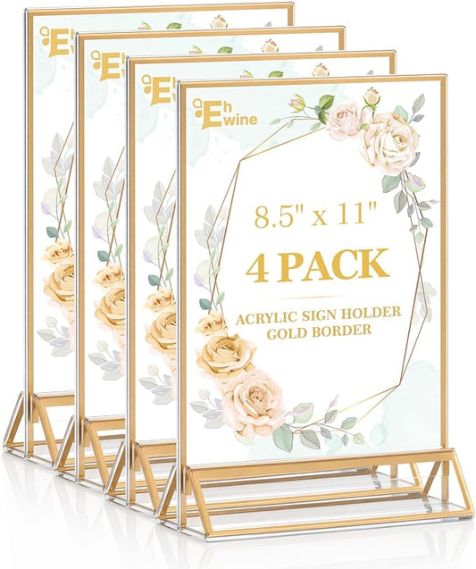EHWINE 4 Pack Acrylic Sign Holder 8.5 x 11, Double Sided Gold Picture Frame by EHWINE
