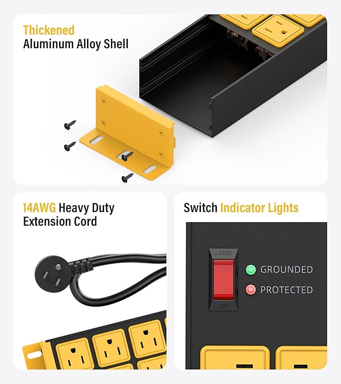 HHSOET 2 Pack Heavy Duty Power Strip 8 Outlets, Metal Wall Mount Outlet Strip 4800J Surge Protector, Garage Shop Under Desk Mountable 6FT Extension Cord Plug, ETL Listed-DeskLoop Office