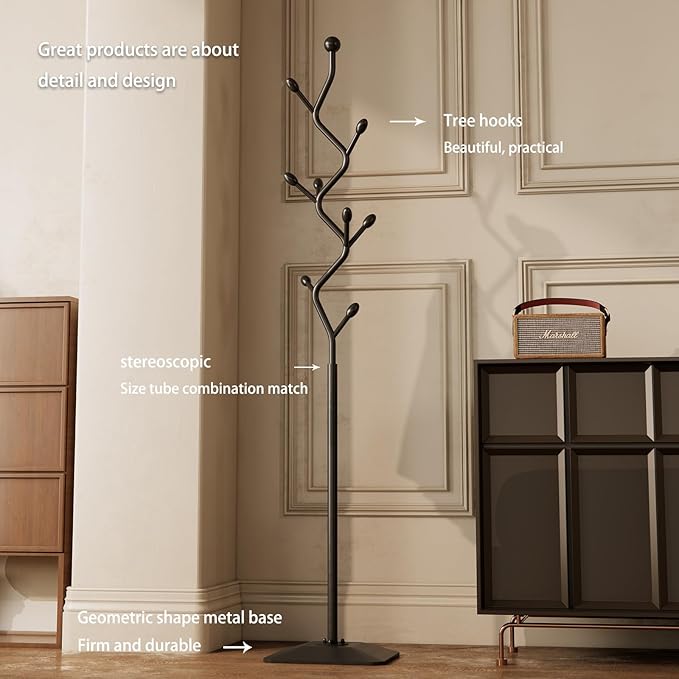 Tree-shaped coat rack stand,Metal coat tree with 8 Hooks and sturdy cast iron base,Heavy Duty coat rack freestanding coat hanger stand for Clothes Hats Scarfs Purses (black)-DeskLoop Office