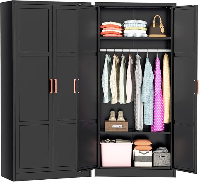 Greenvelly Metal Wardrobe Cabinet with Wooden Handle, 72" Black Metal Wardrobe Closet with Hanging Rods and Adjustable Shelves, Clothing Storage Closet Cabinet for Home, Office, Employee, Gym-DeskLoop Office