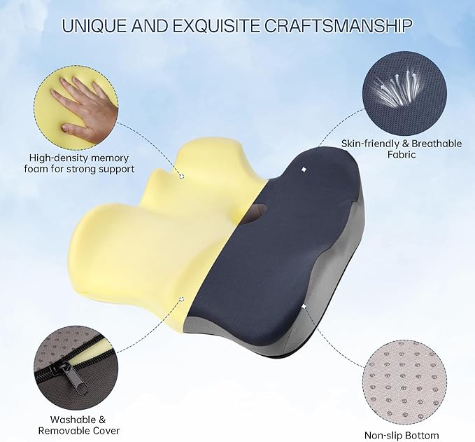 Seat Cushion, X-Large Memory Foam Office Chair Cushion, for Pressure Relief Sciatica & Pain Relief for Long Sitting Hours on Office/Home Chair, Car (Blue)-DeskLoop Office