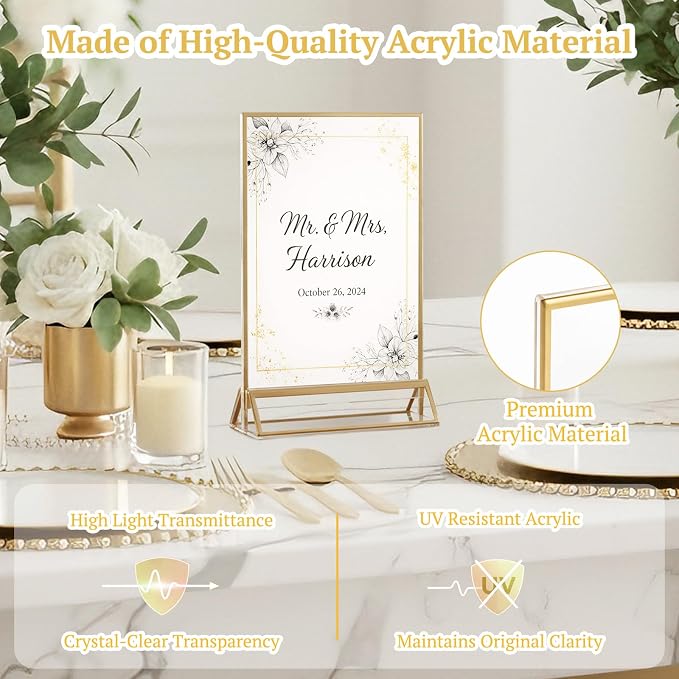 EHWINE 24 Pack Acrylic Sign Holder 5 x 7, Double Sided Gold Picture Frame Stand - Image 2