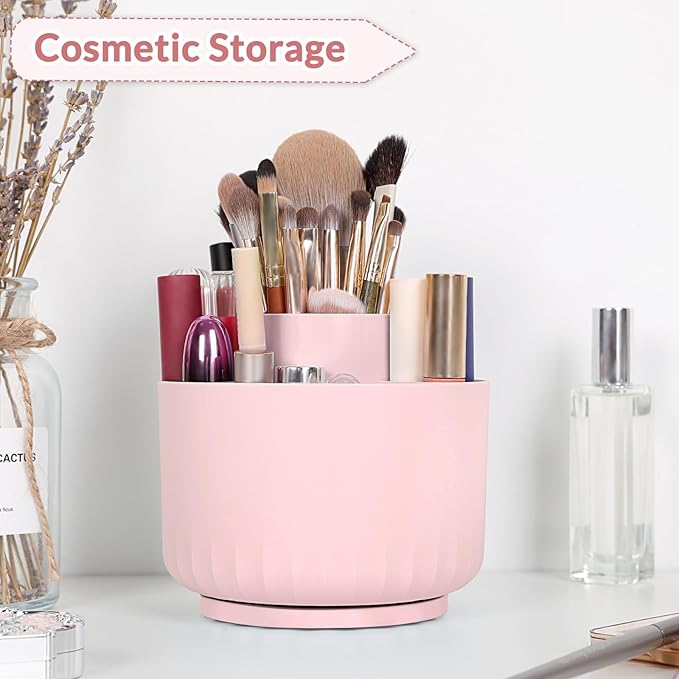SKYDUE Makeup Organizer, Rotating Pencil Pen Holder for Desk, Dual-Purpose Desk Organizer for Cosmetics & Pens, Makeup Brush Holder with 5 Slots, Pencil Cup for Office, Home-DeskLoop Office