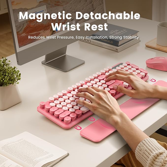 Wireless Keyboard, Round Keycaps, Retro Typewriter Keyboard with Detachable Wrist Rest, Sleep Mode, Foldable Legs, 2.4GHz Full-size Cordless Computer Keyboard for Windows/PC/Laptop (Baby Pink)-DeskLoop Office