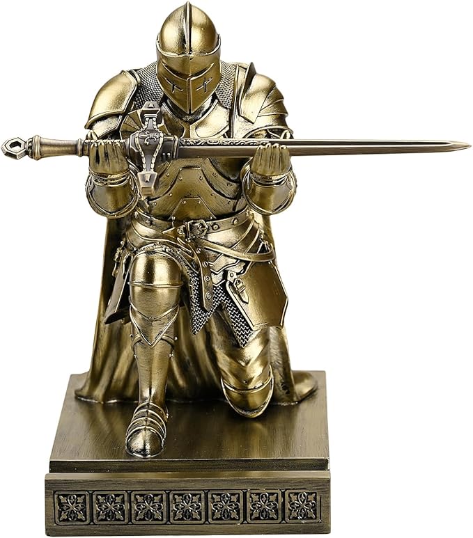 Medieval Armored Warrior Wearing Outerwear, Mobile Phone Stand Knight Pen Holder Desk Organizers, Resin Bookends Paperweight with a Letter Opener for Desk (Bronze)-DeskLoop Office