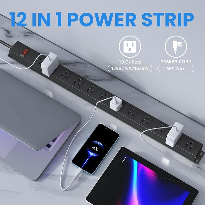 12 Outlet Long Power Strip with 15A Circuit Breaker,Black Wall Mount Heavy Duty Power Strip with 6FT/14AWG/15A/125V Extension Cord for Industrial,Garge,Office,Home and School,Black(6FT)-DeskLoop Office