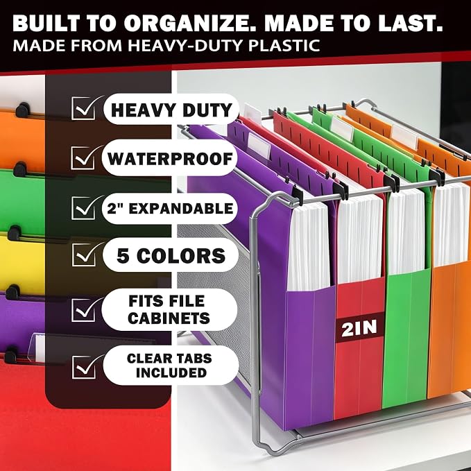 Navona 5 Pack Plastic Hanging File Folders, Letter Size | Heavy Duty 2" - Image 2