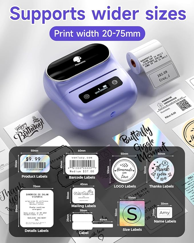 Phomemo M220 Label Maker, Bluetooth Thermal Label Maker Machine for Barcode, Address, Home, Mailing, Small Business,Clothing, Portable Wireless Printer with 1 Rolls Label, Purple-DeskLoop Office