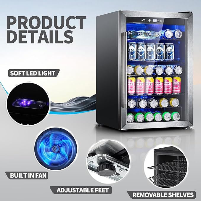 Antarctic Star Beverage Refrigerator,145 Can Mini Fridge,Freestanding wine cooler for Soda Beer or Wine,Glass Door, Small Drink Dispenser Machine, Touch Screen for Home Office or Bar, 4.5 cu.ft-DeskLoop Office