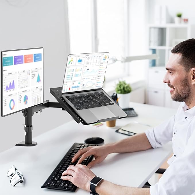 WALI Laptop and Monitor Stand, Fully Adjustable Monitor Mount and Laptop Tray for 1 Notebook up to 17 inch and 1 Screen up to 27 inch, 22 lbs, Weight Capacity (M001LP), Black-DeskLoop Office