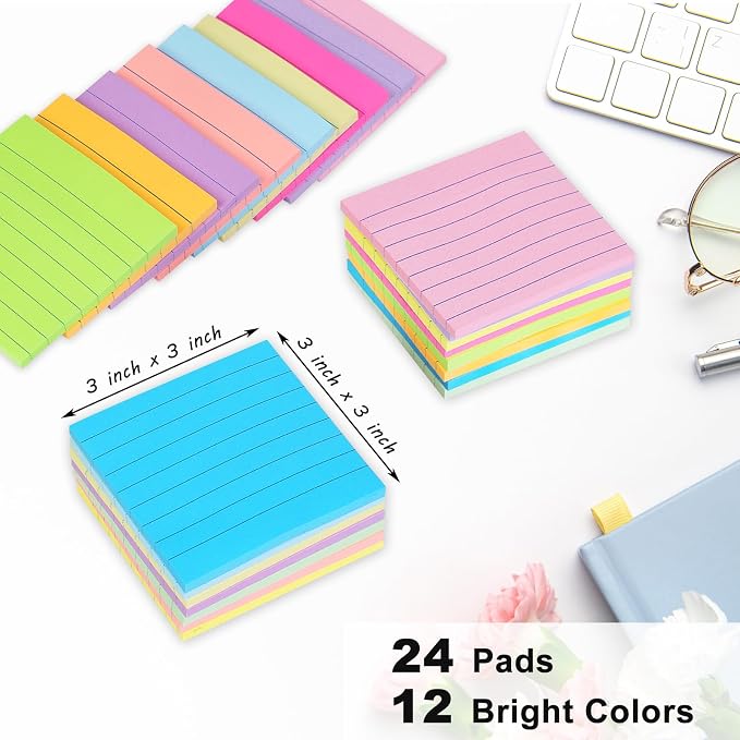 Lined Sticky Notes 3x3 in Ruled Stickies Super Sticking Power Memo Pads - Image 2