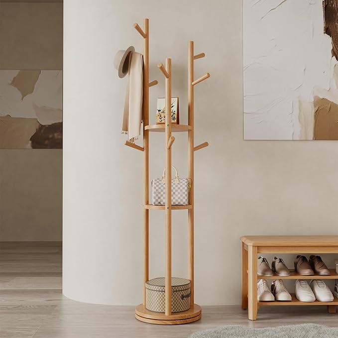 Solid Wood Rotary Coat Rack, Freestanding Coat Rack with 3 Shelves and 9 Hooks, Coat tree for Bedroom, Entryway, Livingroom, Coat Hanger Stand for Coats, Scarves, Handbags (Natural)-DeskLoop Office
