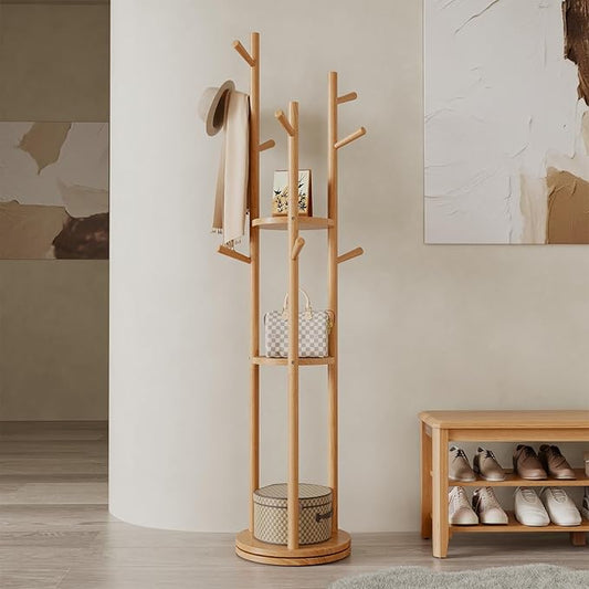 Solid Wood Rotary Coat Rack, Freestanding Coat Rack with 3 Shelves and 9 Hooks, Coat tree for Bedroom, Entryway, Livingroom, Coat Hanger Stand for Coats, Scarves, Handbags (Natural)-DeskLoop Office