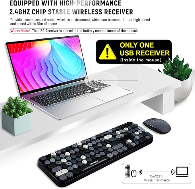 FOPETT Wireless Keyboard and Mouse Combo - 2.4G Full-Sized Cute Colorful Retro Keyboard with Round Keycaps 104 Keys Typewriter Keyboard for Laptop/Windows/PC - Grey Colorful-DeskLoop Office