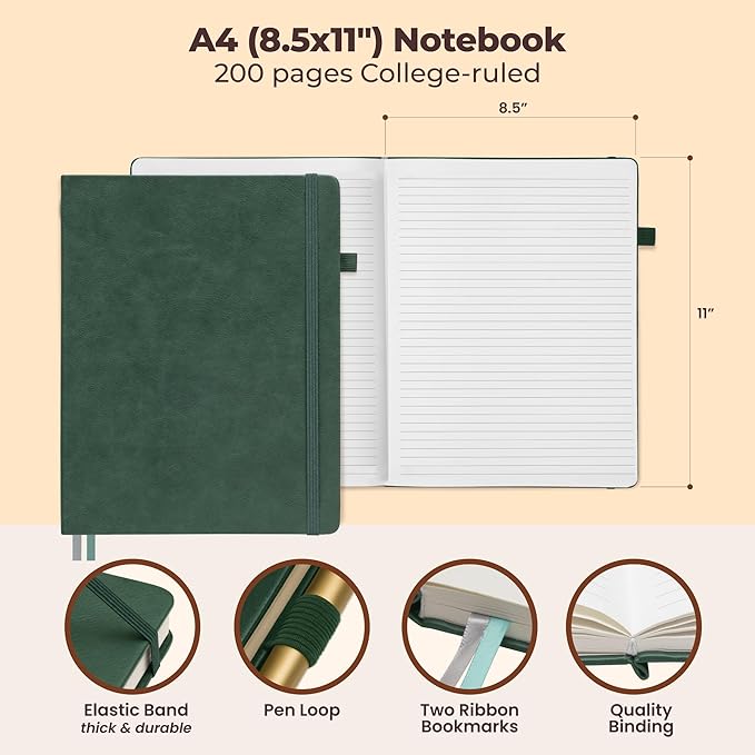 Classic Lined Journal Notebook 8.5x11" A4 Hardcover Leather - Green - 200 Pages College Ruled Large with Sticky Tabs, Pockets, and Pen Loop for Writing and Journaling - Big Hardback Men and Women-DeskLoop Office