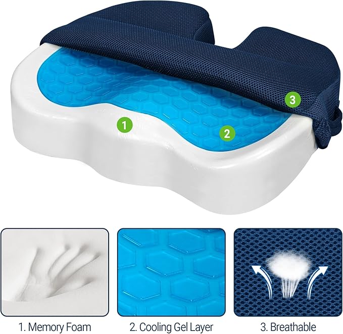Gel Seat Cushion for Car Office - Memory Foam Pain Relief Chair Pillow Cushions - Tailbone Sciatica Coccyx Butt Lumbar Support Pad for Sitting Driving Traveling, Mesh, Blue-DeskLoop Office