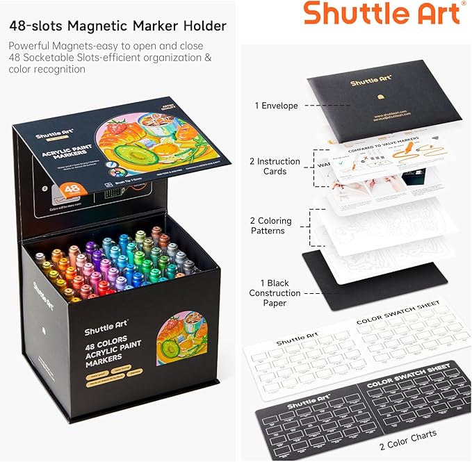 Shuttle Art Automatic Ink Control Acrylic Paint Markers, 48 Colors Brush Tip Acrylic Paint Pens for Rock Painting, Ceramic, Wood, Canvas, Glass, Stone, Fabric, Card Making, DIY & Art Supplies-DeskLoop Office