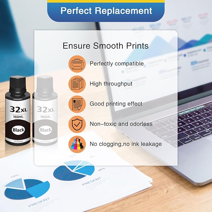 31 32XL Black Ink Bottles Set Compatible Replacement for HP 31 32XL Compatible for HP Smart-Tank 7301 7602 5101 7001 6001 5103 Ink Refill, Smart-Tank Plus 651 551 455 All-in-One Printer 2P-DeskLoop Office