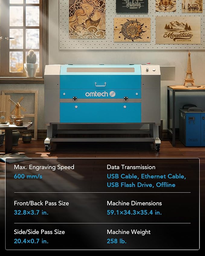 OMTech 90W CO2 Laser Engraver with LightBurn and Water Chiller, 20"x28" Laser Engraving Cutting Machine with Autofocus Autolift 4 Way Pass Air Assist, Commercial Laser Cutter-DeskLoop Office