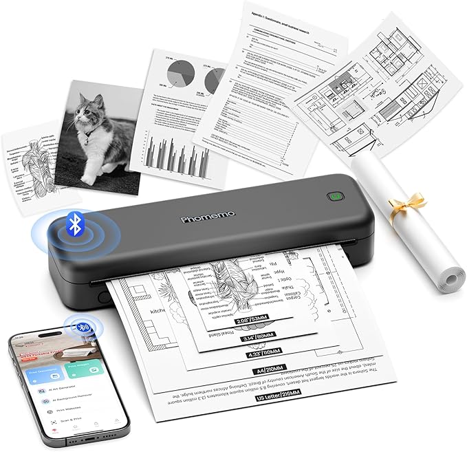 Phomemo M834 Portable Printer Wireless for Travel, Bluetooth Thermal Printer 8.5" x 11"&A4, Compatible with iOS,Android & PC,Inkless Mobile Printers for Travel,Office,School,Home,Gray-DeskLoop Office