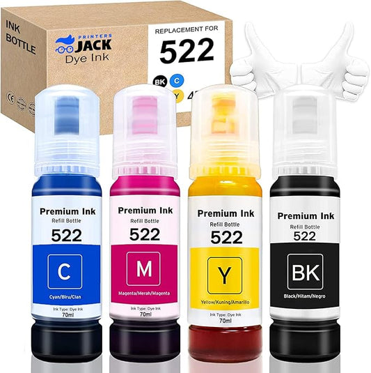 Printers Jack Compatiable T522 Refill Ink Bottle Kit for Supertank ET-2800 ET-4700 ET-4800 ET-2710 ET-2720, ET-2803 Printer, 4 Packs-DeskLoop Office