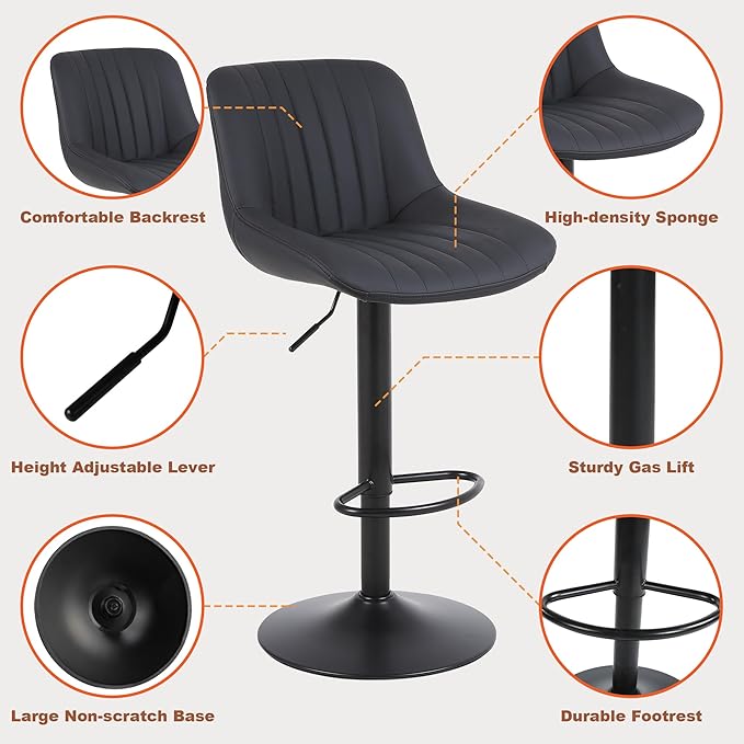 Bar Stools Set of 3, Swivel Counter Height Barstools with Back, Adjustable PU Leather Bar Chairs, Modern Armless Kitchen Island Stool, Black-DeskLoop Office