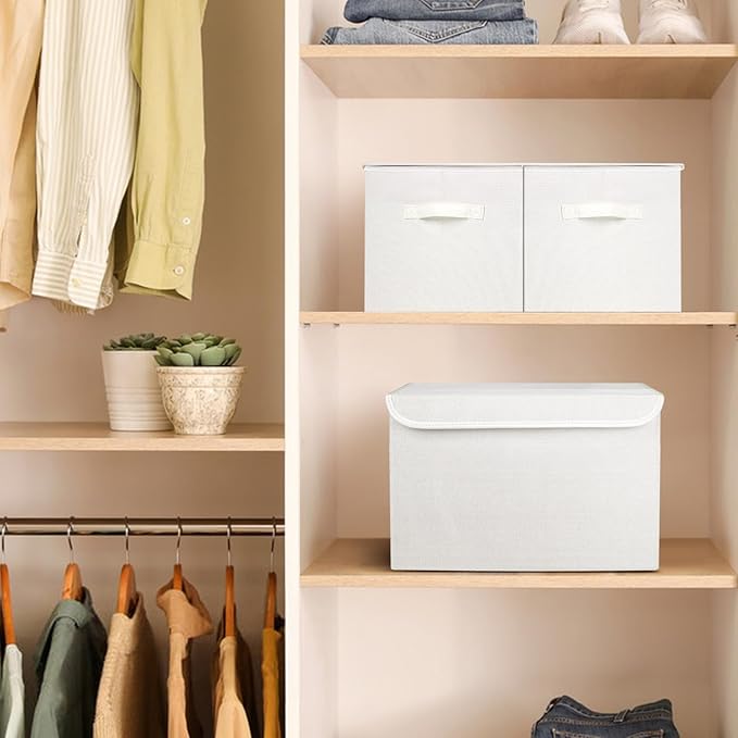 Large 22 Quart Linen Fabric Foldable Storage Bin Cube Organizer Basket with Flip-Top Lid & Handles, Clothes Blanket Box for Home, Office, Closet, White, 4 Pack 14.6 x 9.5 x 9.5”-DeskLoop Office
