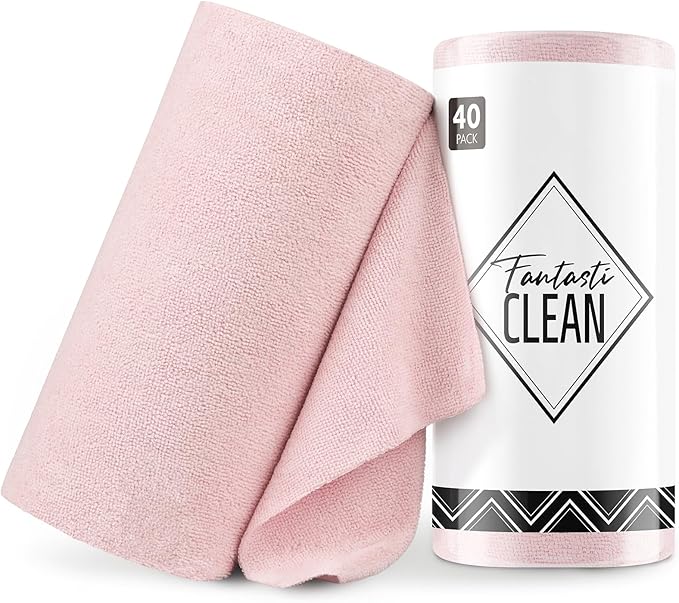 Fantasticlean Microfiber Cleaning Cloth Roll -40 Pack, Tear Away Microfiber Towels, 12" x 12", Reusable, Washable, Scratch Free, Ultra Absorbent Dish Rags for Car, Home, Garage or Shop (Pink)-DeskLoop Office