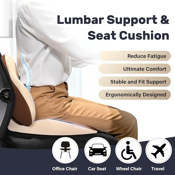 Coverado Seat Cushion and Lumbar Support Pillow for Car Office Chair, Ergonomic Memory Foam Desk Chair Cushion Back Support Pillow, Sciatica & Back & Tailbone Pain Relief Cushion-Beige-DeskLoop Office
