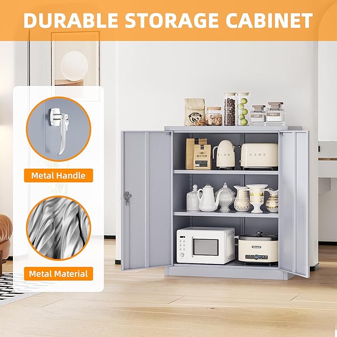 INTERGREAT Metal Cabinet with Lock, Lockable Metal Storage Cabinets with Doors and Shelves for Garage, Cement Grey Locking Garage Storage Cabinets 36"×32"×16"-DeskLoop Office