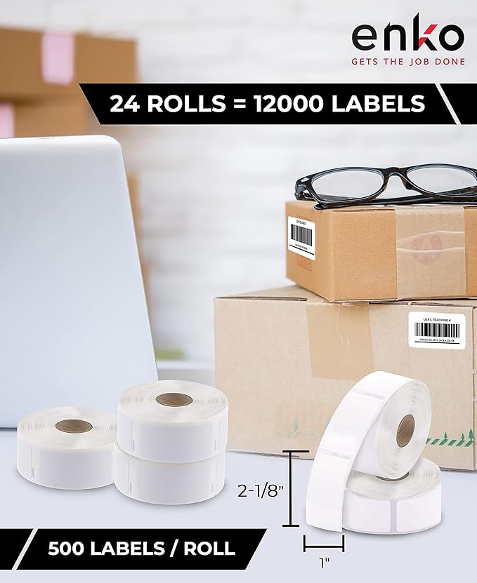 enKo Compatible for Dymo 30336 Labels (1" x 2-1/8") - 24 Rolls | 12,000 Labels for Dymo LabelWriter 450 Turbo Printer and 4XL - Blank White Direct Thermal Address, Shipping and Barcode Labels-DeskLoop Office