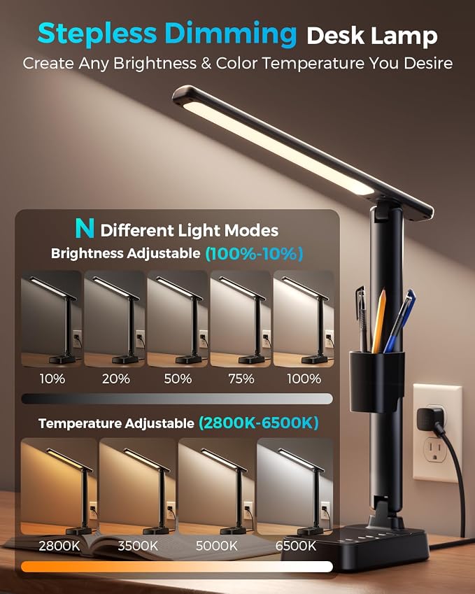 LED Desk Lamp with Power Strip, 3 AC Outlets & 4 USB Ports, Stepless Dimming & - Image 2