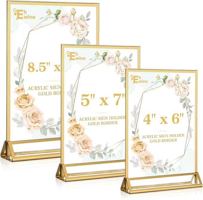 EHWINE 12 Pack Acrylic Sign Holder 8.5 x 11, Double Sided Gold Picture Frame - Image 6