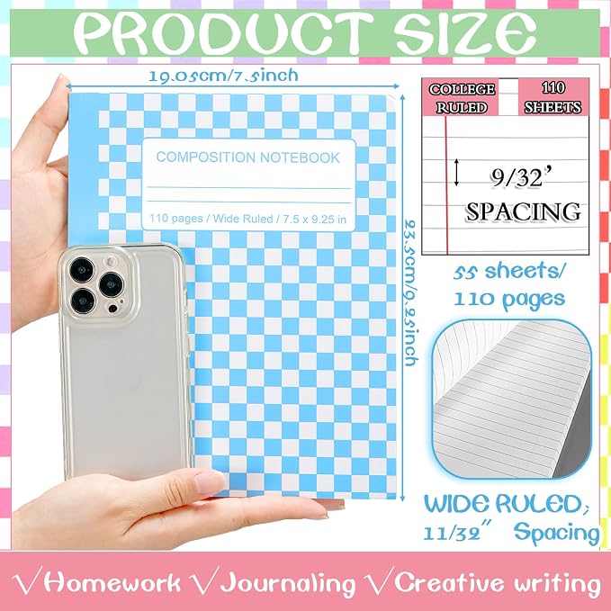 Fullhawl 6 Pcs Composition Notebook Wide Ruled Cute Preppy Colorful Checkered - Image 2