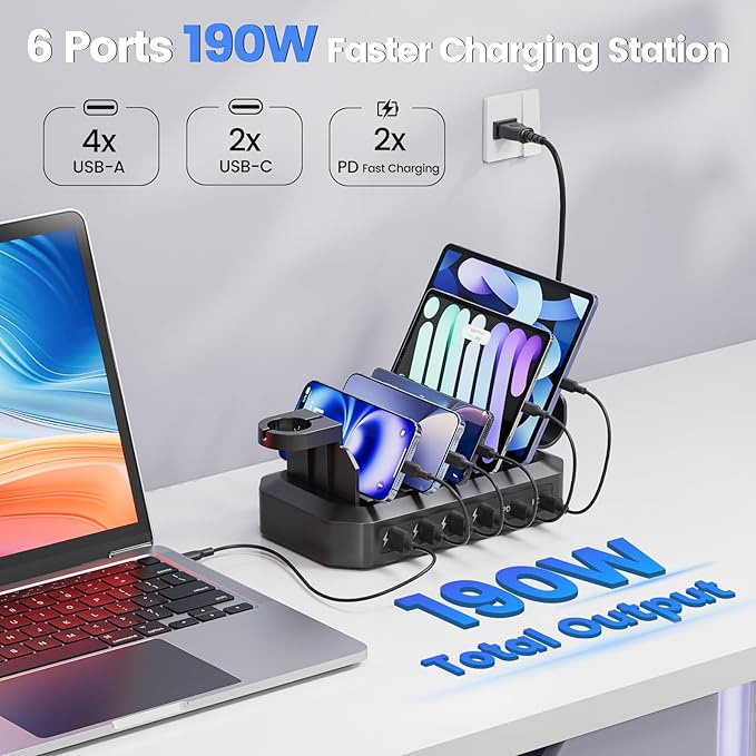 190W Fast Charging Station for Multiple Devices【Efficient & Safe Charging】 6 Port USB Charger Station - Family Multi-Device Organizer Charging Dock Compatible with iPhone/Android/MacBook/iPad/Tablet-DeskLoop Office