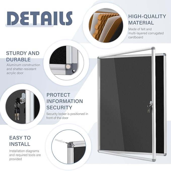 Enclosed Bulletin Board Lockable Display Case Message Board with Locking Door for Indoor, Black Felt, Silver Aluminum Frame, 38x28inches(9xA4)-DeskLoop Office