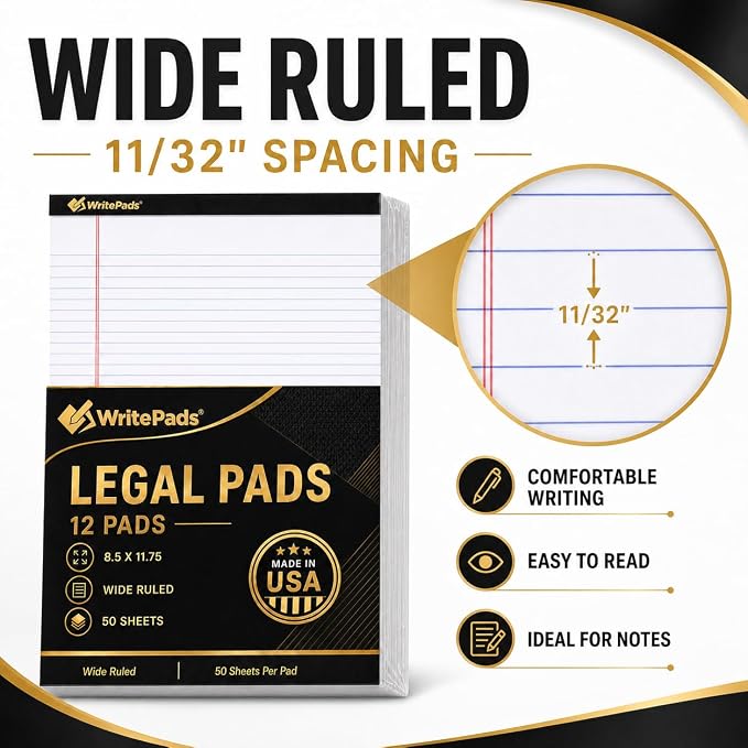 Legal Pads 8.5 x 11.75 Inch Wide Ruled Writing Pads, 12 Pack Note Pads - Image 6